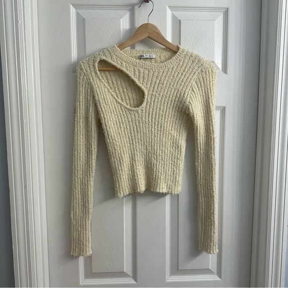Zara Sweater Cropped Cream Cut Out Streetwear Indie Knit Ribbed Casual Medium - Picture 4 of 8